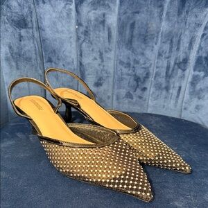 Cushionaire Affair Women’s Black Mesh and Rhinestone Slingback Heels Size 8